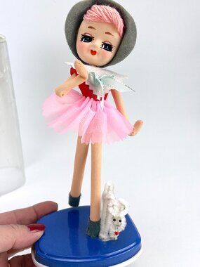 Vintage 60s big eye Japan doll and dog, Kawaii poseable doll, with plastic cover